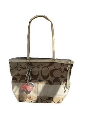 Coach Brown & Cream Signature Canvas Tote with Cherry Charm
